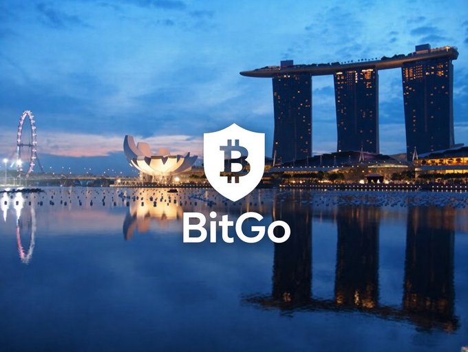 An evening skyline featuring Singapore's Marina Bay Sands and the Singapore Flyer, overlaid with the BitGo cryptocurrency logo.