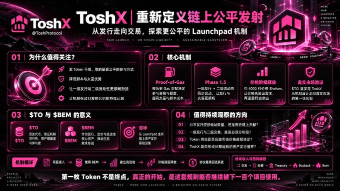 A pink and dark-themed infographic for 'ToshX' (@ToshProtocol) detailing a 'Launchpad' mechanism in Chinese, covering core mechanics like Proof-of-Gas, Phase 1.5, price protection, and cross-chain verification.