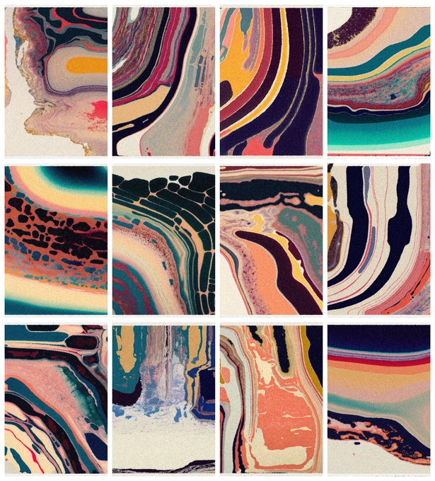 The image features a collection of twelve different paintings, each with unique colors and patterns. The paintings are arranged in a grid format, showcasing various styles and techniques. One painting stands out as having a drop of ink on it, adding an interesting detail that draws attention to itself. The text "Ink Essence Drop on @opensea 44/180 Minted" is present in the image, which could be related to the artist or the inspiration behind these paintings.