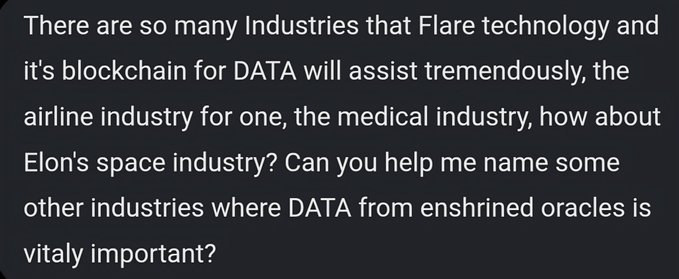 A text excerpt asking about industries where Flare technology and blockchain for DATA can assist, specifically mentioning airline, medical, and Elon Musk's space industries, and asking for more examples where enshrined oracles are vital.