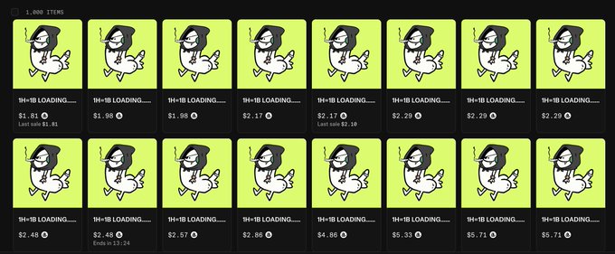 A marketplace interface displays a grid of identical NFT listings titled '1H-1B LOADING...' with prices ranging from approximately $1.81 to $5.71, featuring a black-and-white illustration of a hooded figure.