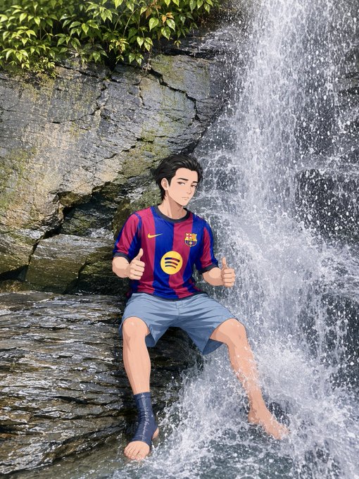 An anime-style illustration depicts a young man in a Barcelona FC jersey (blaugrana stripes with Nike logo) giving two thumbs up while sitting barefoot on a rock beneath a waterfall.