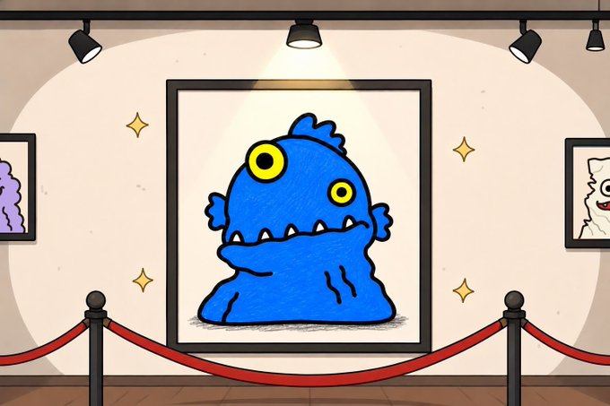 The image features a cartoon monster with blue skin and yellow eyes sitting inside an art gallery, surrounded by several paintings of different sizes displayed on the walls. The monster appears to be looking at one of the paintings or observing its surroundings. In the bottom right corner of the image, there is a post that reads "Hey @gloobiez_eth, could you allocate a few spots for my community? We're still waitingggg... watching closely Keep cooking and keep grinding". The monster's presence in an art gallery setting adds a whimsical and playful element to the scene.
