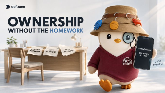 A cartoon bird mascot wearing a fishing-hat-with-charms and holding a smartphone displays "vanz.defi.com ONE PRIVATE ACCOUNT" and a "USDC PAYMENT" notification, positioned next to sticky notes reading "CHOOSE NETWORK," "COPY ADDRESS," and "KEEP FEE COIN" beneath the bold heading "OWNERSHIP WITHOUT THE HOMEWORK" with the defi.com logo.

The image visually reinforces the post's message by personifying the tedious crypto routine—manually picking networks, copying addresses, and hoarding extra coins for fees—as literal "homework" that defi.com's "ONE PRIVATE ACCOUNT" eliminates.