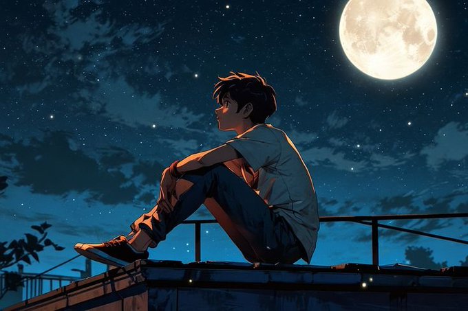 A young man sits on a rooftop beneath a glowing full moon, gazing thoughtfully at the night sky in a contemplative anime-style scene that mirrors the reflective, forward-looking mood of the message.

The image's quiet sense of anticipation and "looking ahead to tomorrow" pairs naturally with the post's sign-off ("GN Everyone... See you tomorrow") and the ongoing momentum behind $RIVER.