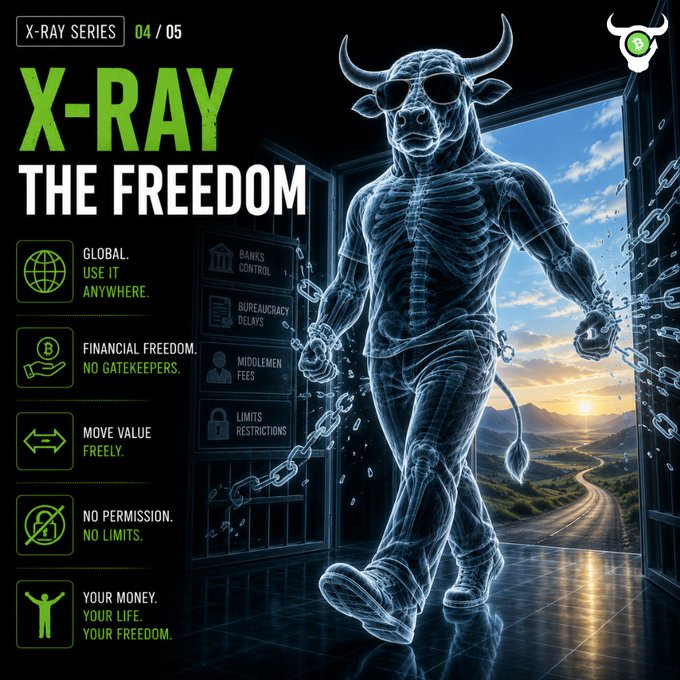 A promotional graphic for 'X-RAY SERIES 04/05' titled 'X-RAY THE FREEDOM', featuring a bull rendered in x-ray style breaking chains, with text including 'GLOBAL. USE IT ANYWHERE.', 'FINANCIAL FREEDOM. NO GATEKEEPERS.', 'MOVE VALUE FREELY.', 'NO PERMISSION. NO LIMITS.', and 'YOUR MONEY. YOUR LIFE. YOUR FREEDOM.'