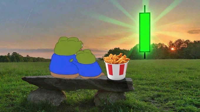 Two cartoon frogs in blue shirts sit on a stone bench in a grassy field watching a sunset next to a bucket of fried chicken, with a glowing green rectangular structure in the background.