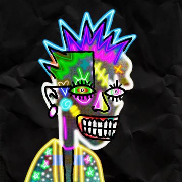 A neon-style digital portrait of a figure with spiky hair and a skull face, glowing with bright pinks, greens, and blues against a dark, crumpled background.