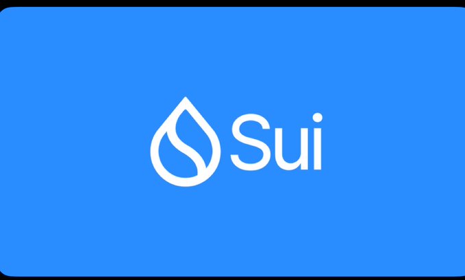 The logo for "Sui" blockchain displayed as white text and a water drop icon on a solid blue background.