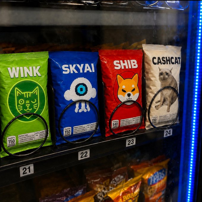 A vending machine dispenses four colorful snack bags branded with meme coin tickers—WINK (green), SKYAI (blue), SHIB (red), and CASHCAT (tan with a cat image)—numbered 21–24, playfully riffing on the phrase "the flywheel never stops" to suggest these coins are always churning out gains.