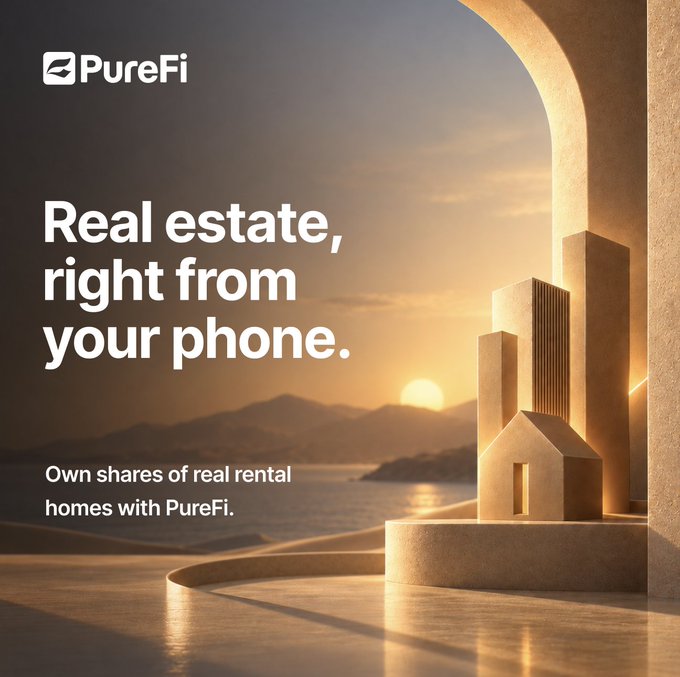 A promotional graphic for PureFi featuring the tagline "Real estate, right from your phone." and "Own shares of real rental homes with PureFi." against a stylized 3D rendering of a coastal city at sunset.