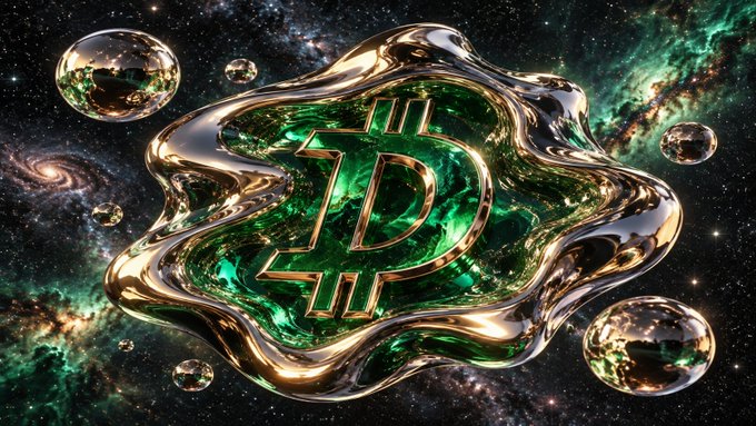 A stylized 3D rendering of a green and gold cryptocurrency-style coin featuring the letter 'D' floating in a cosmic space background with metallic spheres,