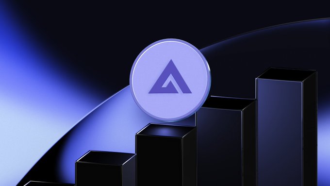 A 3D render showing a purple/blue coin with a triangular logo on top of rising bar graphs against a dark blue background.