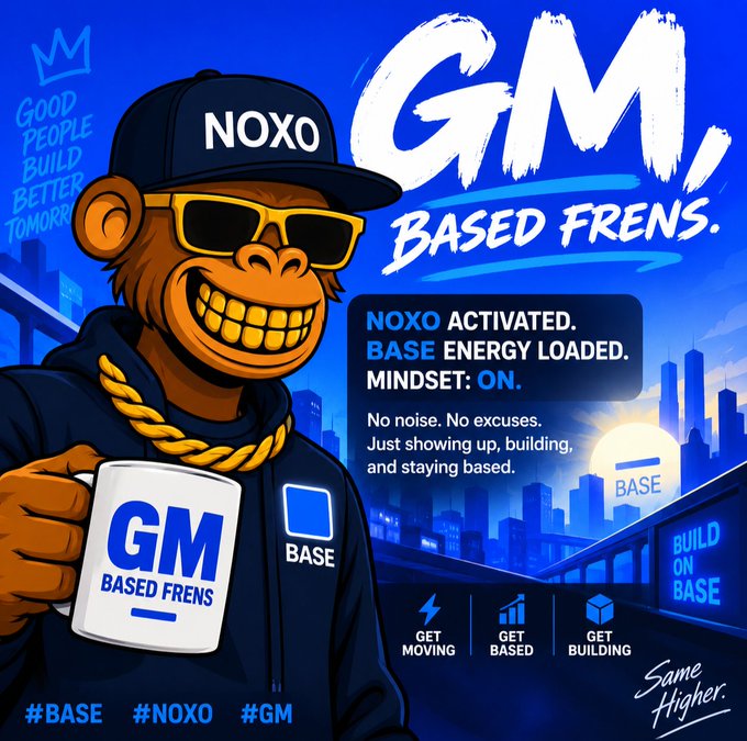 An illustrated poster features a cartoon ape wearing a NOXO cap and holding a 'GM BASED FRENS' mug, promoting Base with text like 'NOXO ACTIVATED. BASE ENERGY LOADED. MINDSET: ON.'