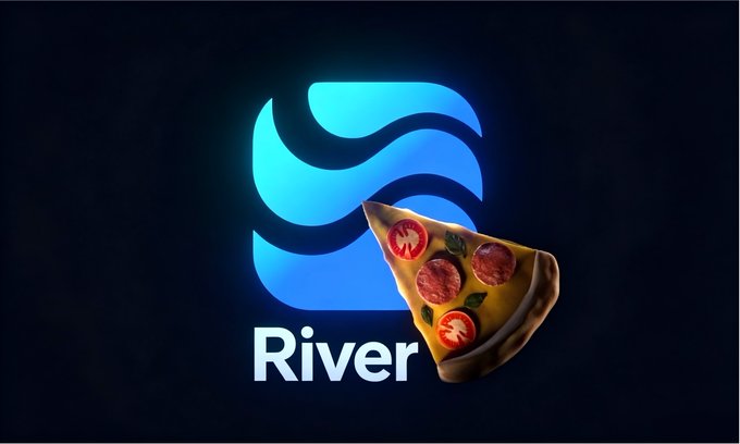The image features a pizza slice with red sauce, cheese, and toppings, placed next to the word "River" written in white letters. The text "Sui Foundation" is also present in the image. The background of the image is black, which contrasts with the colorful pizza slice and makes it stand out. This contrast highlights the connection between the pizza and the post about Sui Foundation.