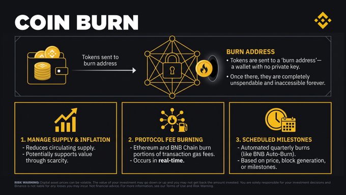 An infographic explaining "Coin Burn" in cryptocurrency, showing tokens being sent to a burn address (a wallet with no private key), where they become permanently unspendable. The diagram outlines three key benefits: managing supply and inflation, protocol fee burning (including Ethereum and BNB Chain), and scheduled milestones like automated quarterly burns.