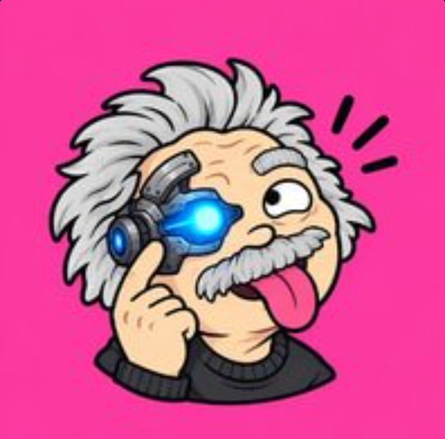 A cartoon depiction of Albert Einstein sticking his tongue out while pointing to a glowing blue cybernetic eye upgrade, symbolizing the "genius" or sharp insight needed for spotting investment opportunities. The post references @ryanmyher and a new tokenized stock pool (AGPUB) tied to Nasdaq-listed Axe Compute Inc, with the image playing on Einstein's iconic genius persona to hype the insider opportunity.
