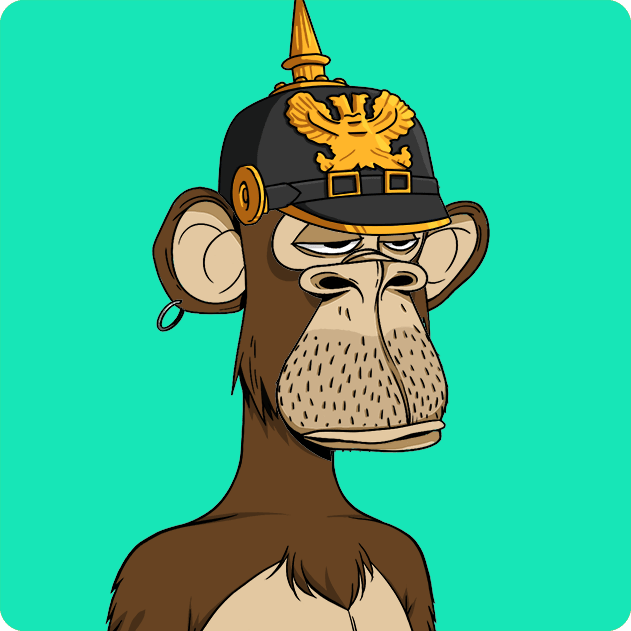 A cartoon illustration of a bored-looking brown monkey wearing a black Pickelhaube (Prussian spiked helmet) with a gold eagle emblem, set against a teal background.