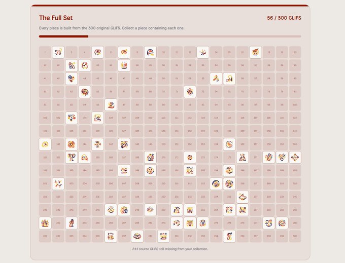 A screenshot of a collection page titled 'The Full Set' showing '56 / 300 GIFS', with a grid of numbered slots where some contain small icons and others remain empty.