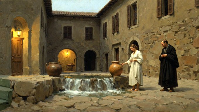 A classical oil painting depicting two figures in robes conversing near a stone fountain in a rustic courtyard at dusk.