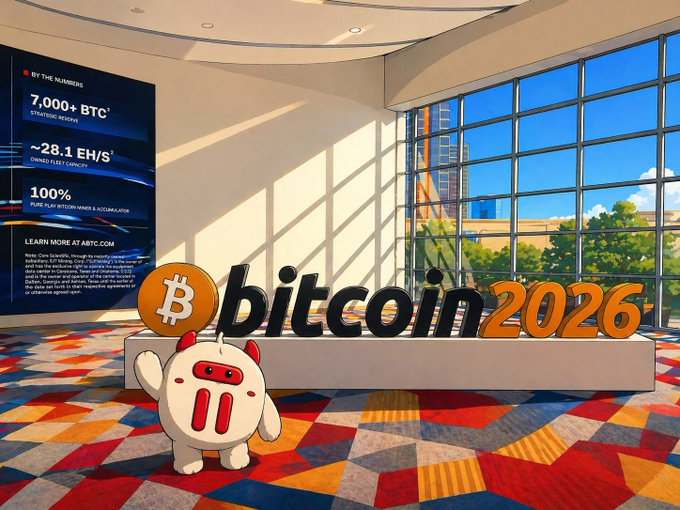 The image features a cartoon character standing next to a sign that says "BITCOIN 2026" with a coin symbol, possibly representing Bitcoin. The scene takes place inside an office building or conference room setting, which has large windows allowing natural light to illuminate the space. A person is also present in the background, likely attending a meeting or event related to the Bitcoin industry.