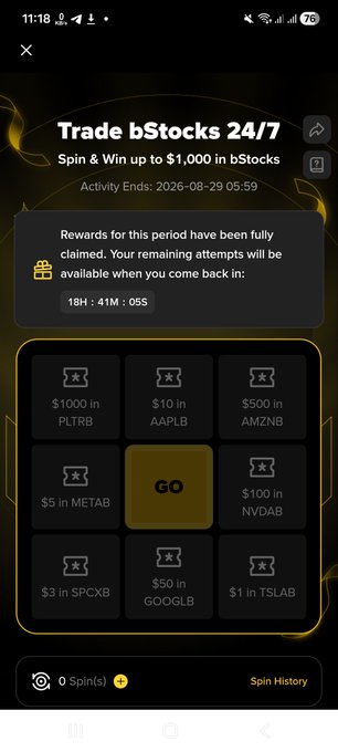 A mobile app screen for 'Trade bStocks 24/7' with a spin wheel interface showing various stock prizes (PLTRB, AAPLB, AMZNB, etc.) and a 'GO' button.