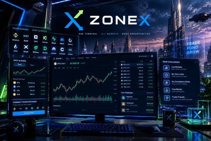 A promotional image for 'XZone' advertises a trading platform with one terminal for multiple markets, showing cryptocurrency exchange logos, trading charts, and features like 'Prop Challenges' with profit opportunities.