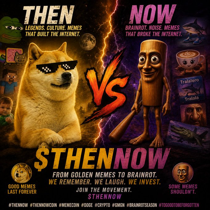 A meme-style promotional image for '$THENNOW' cryptocurrency contrasting classic internet memes (Doge, Pepe, Minecraft) on the left with 'brainrot' memes (Tralalero Tralala, Tung Tung Tung) on the right.