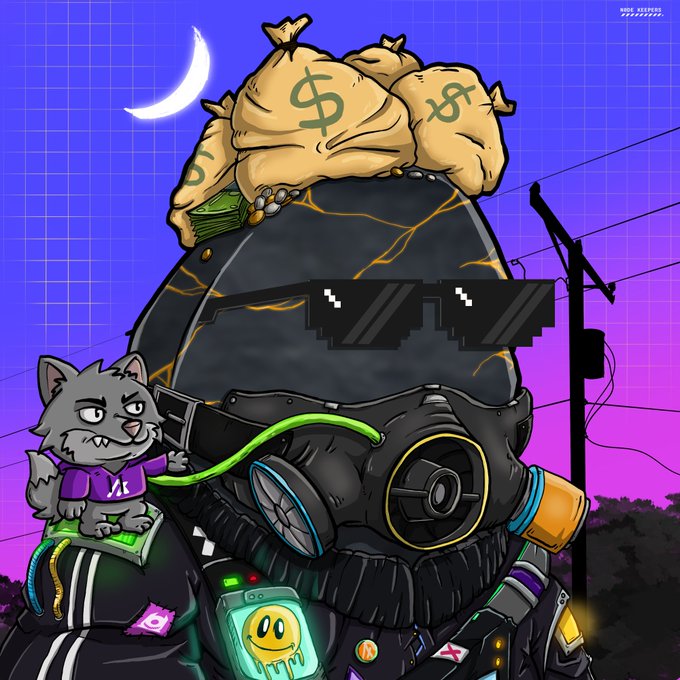 A digital illustration of a character wearing a gas mask and pixelated sunglasses with 'thug life' money bags stacked on its head, set against a purple grid background with a crescent moon.