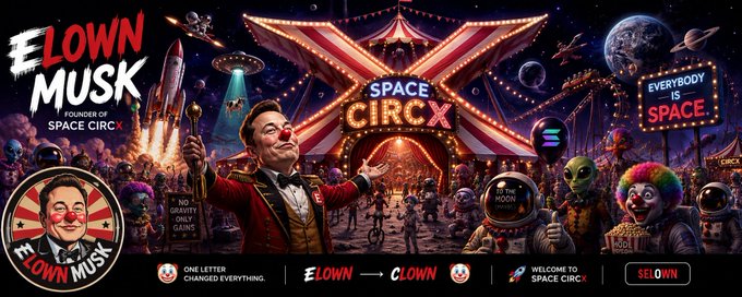 A satirical banner titled 'ELONN MUSK, FOUNDER OF SPACE CIRCX' depicts Elon Musk as a circus ringmaster with the slogans 'EVERYBODY IS SPACE', 'ONE LETTER CHANGED EVERYTHING', and 'ELONN → CLOWN'.