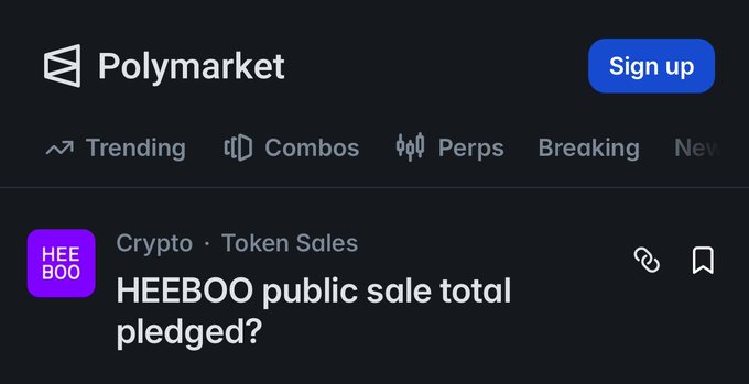 A screenshot of the Polymarket website shows a prediction market titled 'HEEBOO public sale total pledged?' under the Crypto category, with a 'Sign up' button visible in the corner.