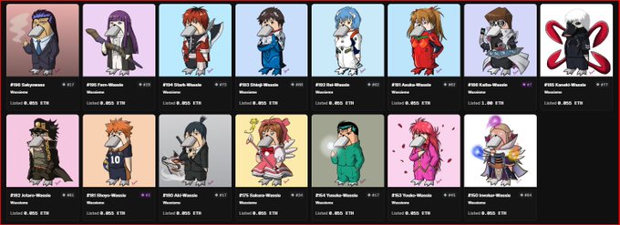 A grid of cryptocurrency-themed NFT collectibles featuring various characters like '#506 Sahyoun', '#306 Fern', '#304 Shafe Woobie', and others, with each item showing '#XXX' priced in ETH and listing parameters like '#421' or '#417'.