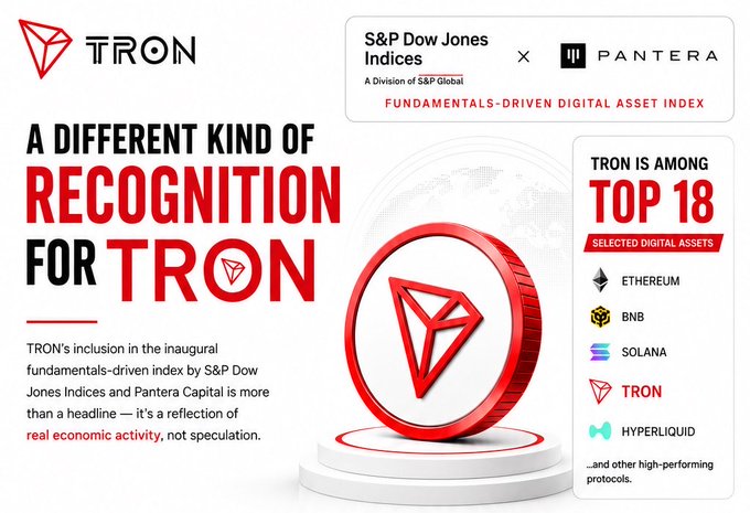 A promotional graphic for 'TRON' cryptocurrency announcing 'A DIFFERENT KIND OF RECOGNITION FOR TRON' for inclusion in the S&P Dow Jones Indices and Pantera Capital digital asset index, listing TRON among the top 18 selected digital assets alongside Ethereum, BNB, Solana, and Hyperliquid.