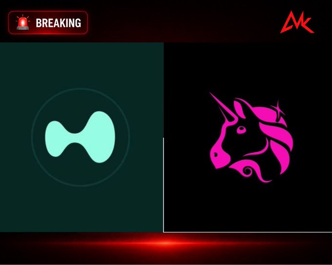 A "BREAKING" news graphic from the "MK" channel displays the green Hyperliquid logo alongside the pink unicorn logo of Uniswap V3, illustrating the headline that Hyperliquid Perps has surpassed Uniswap V3 in weekly fees, generating $9.3M versus $8.3M. The graphic includes references to the DeFi protocols $HYPE and $UNI, reflecting the milestone of Hyperliquid ranking 4th among DeFi protocols by weekly fees.
