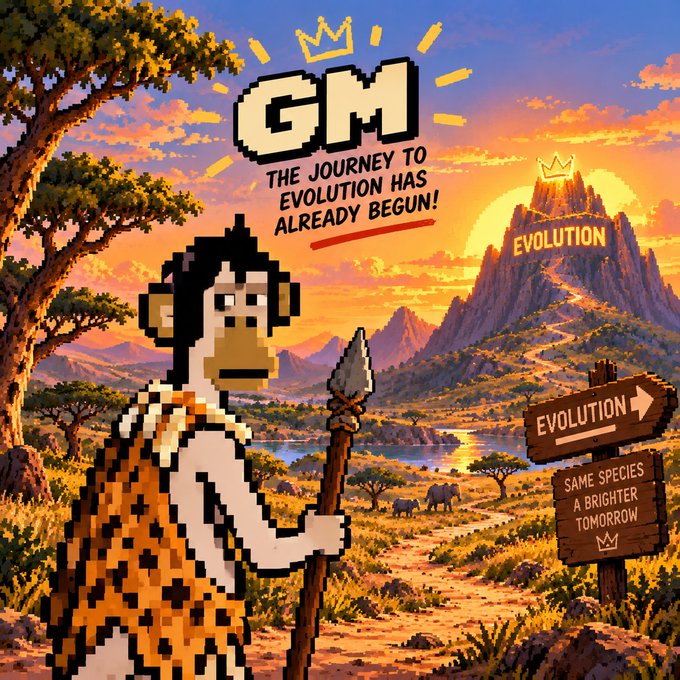 A pixel-art character in tribal attire holding a spear stands in a savanna landscape with a 'GM' crown logo and text 'THE JOURNEY TO EVOLUTION HAS ALREADY BEGUN!', alongside a wooden sign pointing 'EVOLUTION' toward a mountain labeled 'SAME SPECIES A BRIGHTER TOMORROW'.