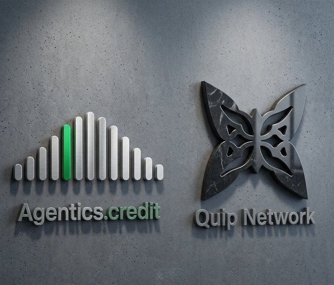 Two logos are mounted on a concrete wall: 'Agentics.credit' with a green and gray bar graph icon, and 'Quip Network' with a dark metallic butterfly-shaped emblem.