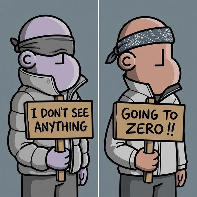 Two cartoon figures wearing blindfolds and winter jackets holding protest signs; the left reads 'I DON'T SEE ANYTHING' and the right reads 'GOING TO ZERO!!'.