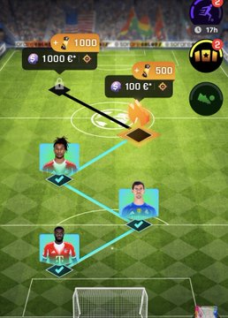 A Sorare fantasy football game screen displays a green field with player cards connected by a blue line, showing scores of "1000" and "500" and a countdown timer of "17h." The image illustrates the user's newly unlocked tier 4 achievement, with the players Maignan, Upamecano, Tchouaméni, Olise, and Barcola represented in the lineup.