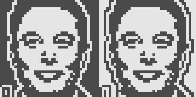 Two identical pixel-art style illustrations of a bald person's face are shown side-by-side in dark blue and white.