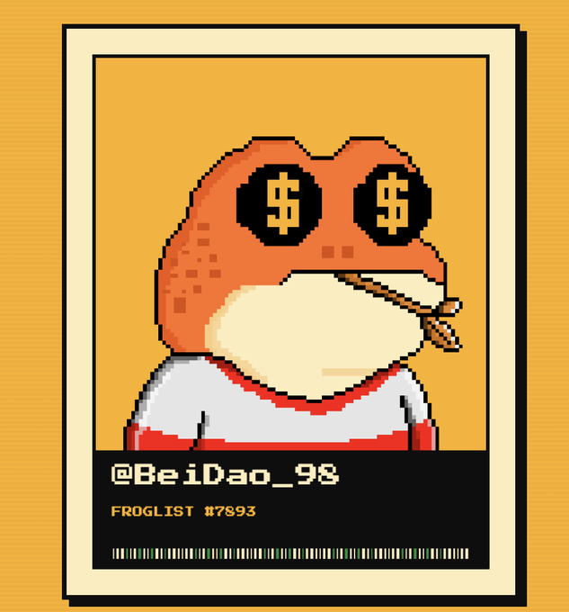 A pixel art NFT-style portrait of a frog wearing a red baseball cap with dollar signs and a braided beard, wearing a white and red shirt, with text '@BeiDao_98' and 'FROGLIST #7893' below on an orange background.