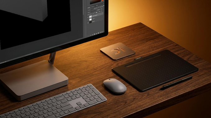 A wooden desk setup with a monitor, keyboard, mouse, drawing tablet, and Apple device, illuminated by warm ambient lighting.