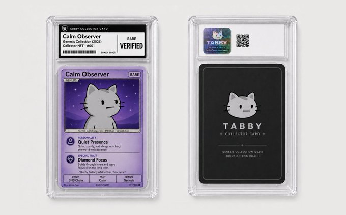 Two graded 'Tabby Collector Cards' in protective slabs: a 'Calm Observer' Genesis Collection (2026) card #001 marked 'RARE VERIFIED' on the left, and a black 'Tabby' branded card on the right.