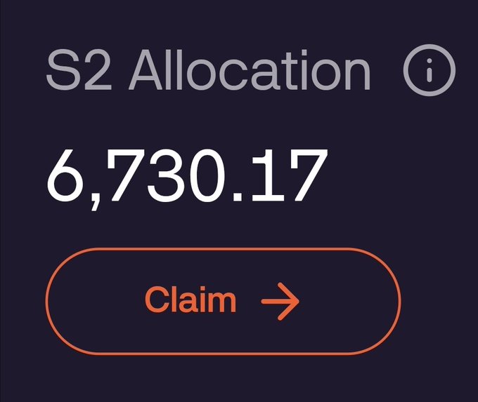 A screenshot showing an "S2 Allocation" of 6,730.17 with a "Claim" button, representing the user's reward amount from Solstice Finance Season 2 as highlighted in their announcement about receiving 6,730 $SLX tokens.