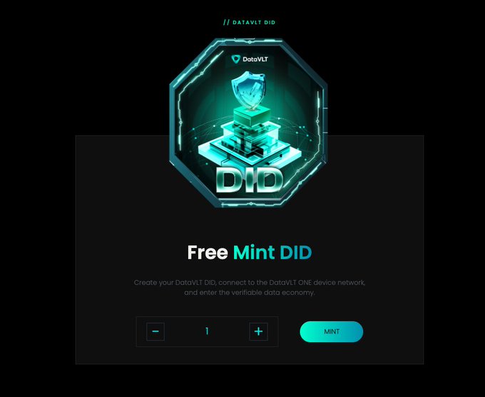A webpage for DataVLT promotes a 'Free Mint DID' to join the DataVLT ONE device network, featuring a teal 3D octagonal emblem with a 'MINT' button.