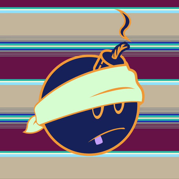 A cartoon bomb character with an orange outline, wearing a cream-colored headband and sporting a lit fuse, frowns against a striped purple, teal, and beige background. The image ties to the post highlighting the "Adam Bomb Squad" NFT's ranking at #132 out of 25,000 with a sale price of 0.017 WETH ($33).