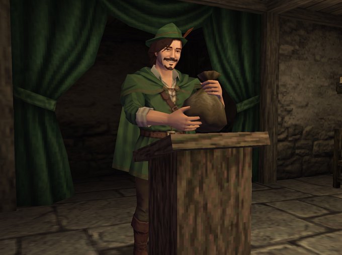 A 3D-rendered video game character resembling Robin Hood in green attire stands at a wooden podium holding a money bag, set in a stone room with green curtains.