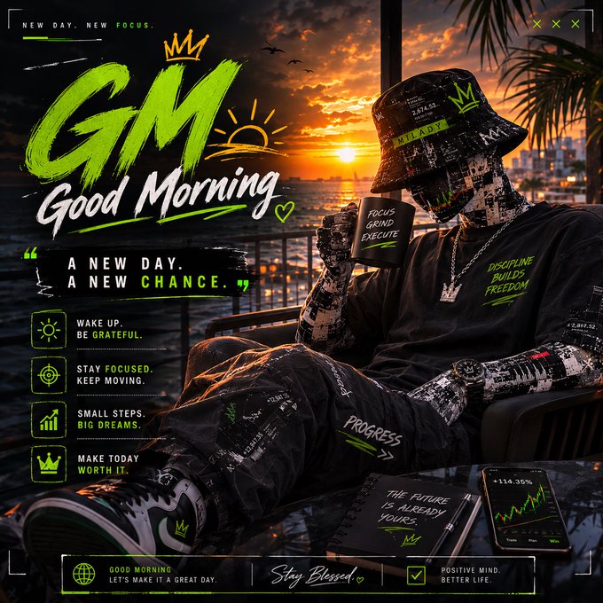 A 'Good Morning' (GM) themed graphic featuring a masked figure holding a mug with motivational text like 'A NEW DAY. A NEW CHANCE.' and 'DISCIPLINE BUILDS FREEDOM' against a sunset cityscape.