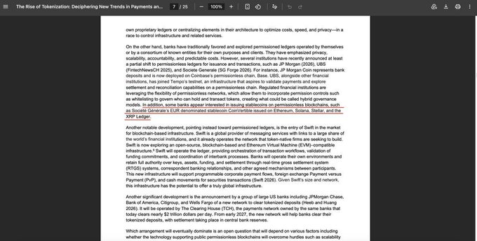 The image shows a PDF document titled "The Rise of Tokenization: Deciphering New Trends in Payments an..." with text discussing various institutional developments, including a mention that "Societe Generale's EUR denominated stablecoin Coverciano issued on Ethereum, Solana, Stellar, and the XRP Ledger." The text also references the IMF's CFXRP report highlighting XRP Ledger alongside other major blockchain networks like Ethereum and Solana for bank-issued stablecoins, reinforcing the post's claim about XRP's growing institutional adoption.