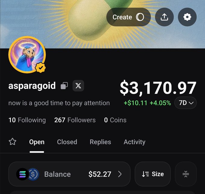 A profile page for user 'asparagoid' showing a portfolio balance of $3,170.97 (+$10.11, +4.05% over 7D), with 10 Following, 267 Followers, and 0 Coins, and the tagline 'now is a good time to pay attention'.
