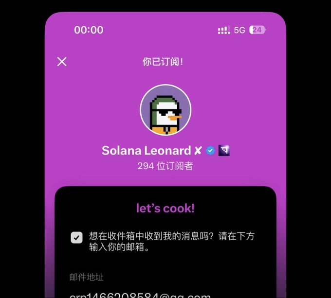 A mobile phone screenshot displays a subscription confirmation page in Chinese for "Solana Leonard X" with 294 subscribers and a "let's cook!" newsletter sign-up section featuring a pixelated duck avatar wearing sunglasses. The post's "Legend, welcome" message likely greets new subscribers joining the Solana Leonard X community.